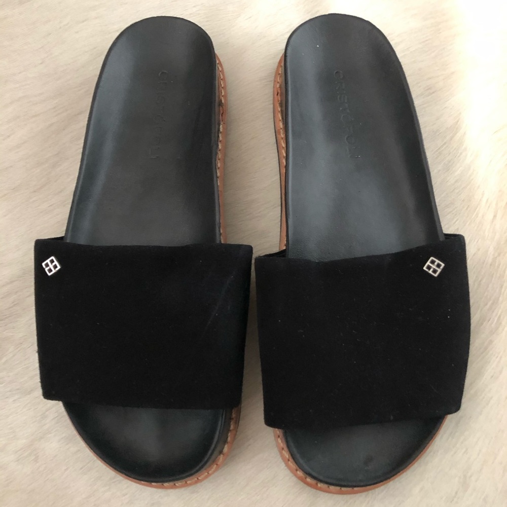 Black Suede Leather Slides